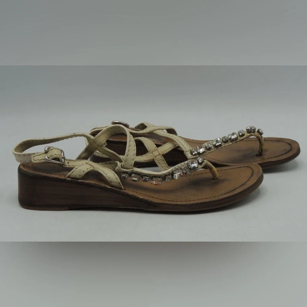 Prada, 37.5 EU (7 US), Tan Cream Sandals with Jewel 💎 Accents - Picture 4 of 12